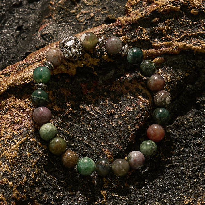 Bracelet en perles de tête de lion en métal et agate d' Olivenorma India