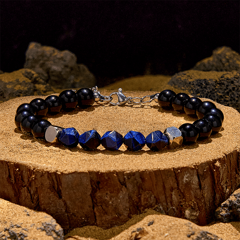 Bracelet en perles d'obsidienne œil de tigre bleu à facettes Olivenorma