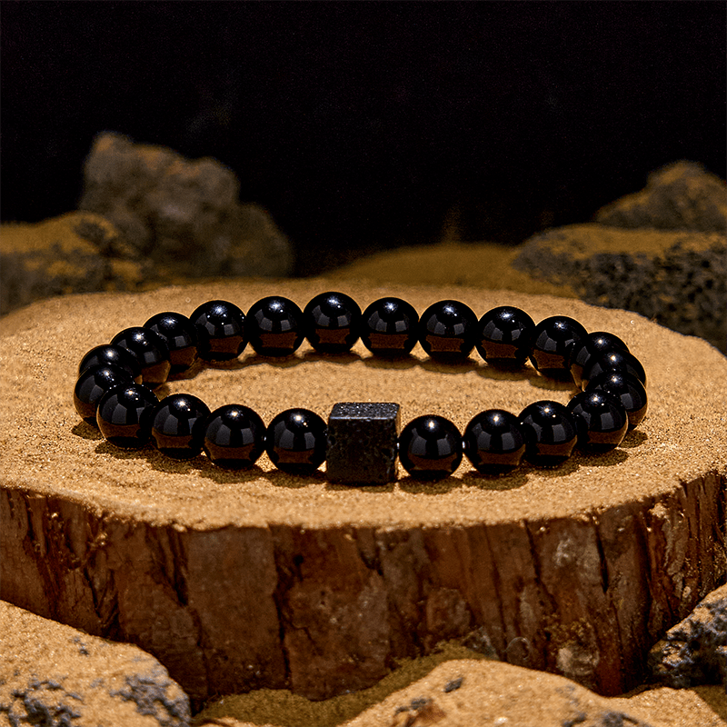 Bracelet en perles d'obsidienne en pierre de lave taillée en cube Olivenorma