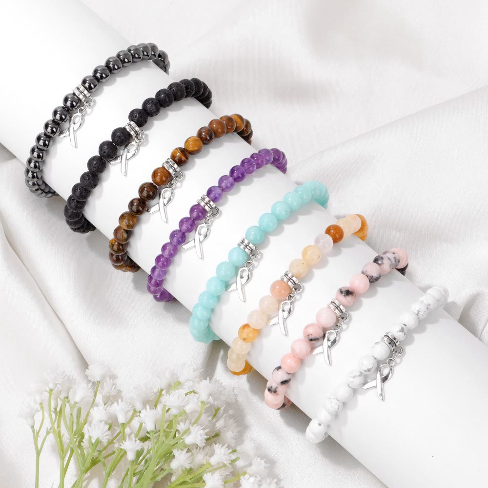 Bracelet porte-bonheur en perles de pierres précieuses naturelles avec breloque ruban Olivenorma