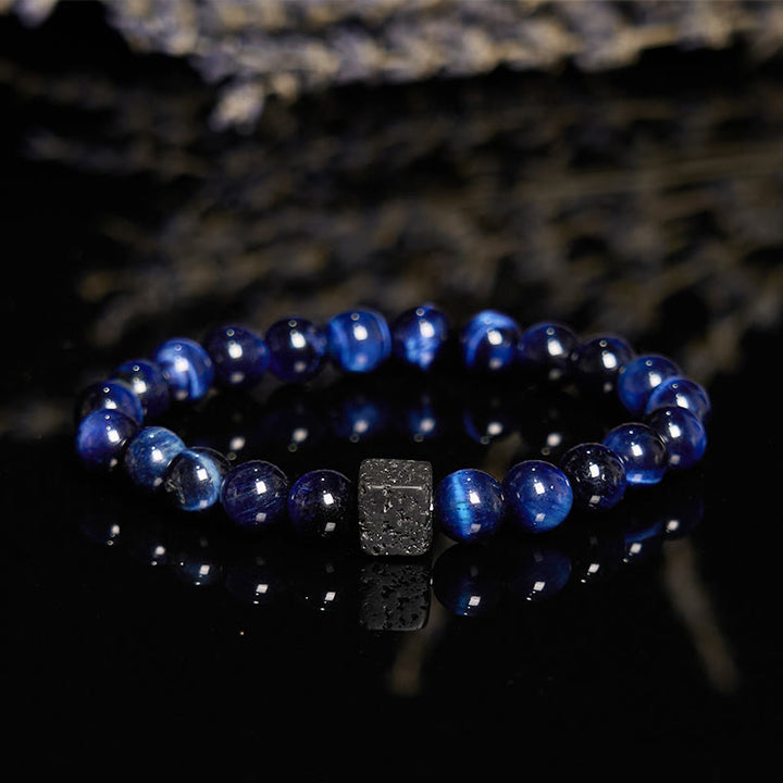 Bracelet en perles de pierre de lave œil de tigre bleu Olivenorma