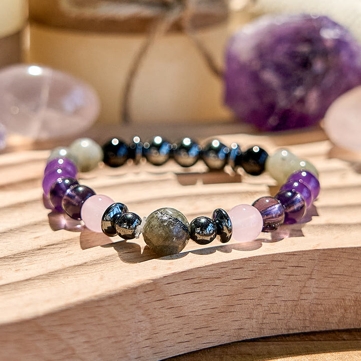 Bracelet de perles en hématite et labradorite, améthyste et quartz rose Olivenorma