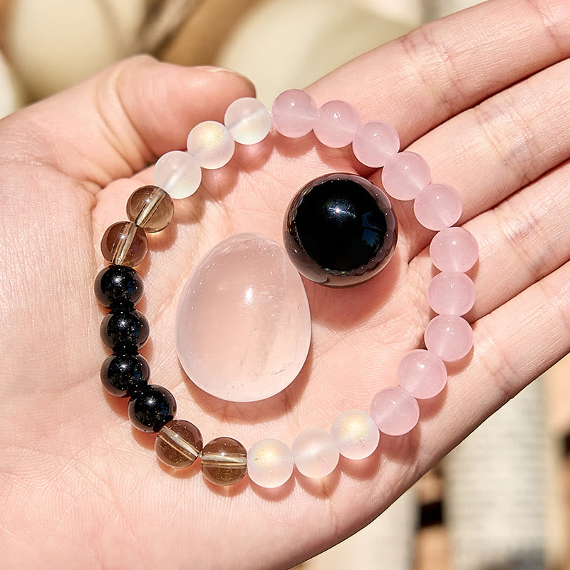 Bracelet de perles en obsidienne et quartz rose en pierre de lune Olivenorma