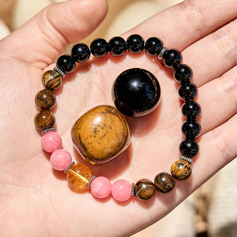 Bracelet de perles en obsidienne, œil de tigre et rhodonite Olivenorma