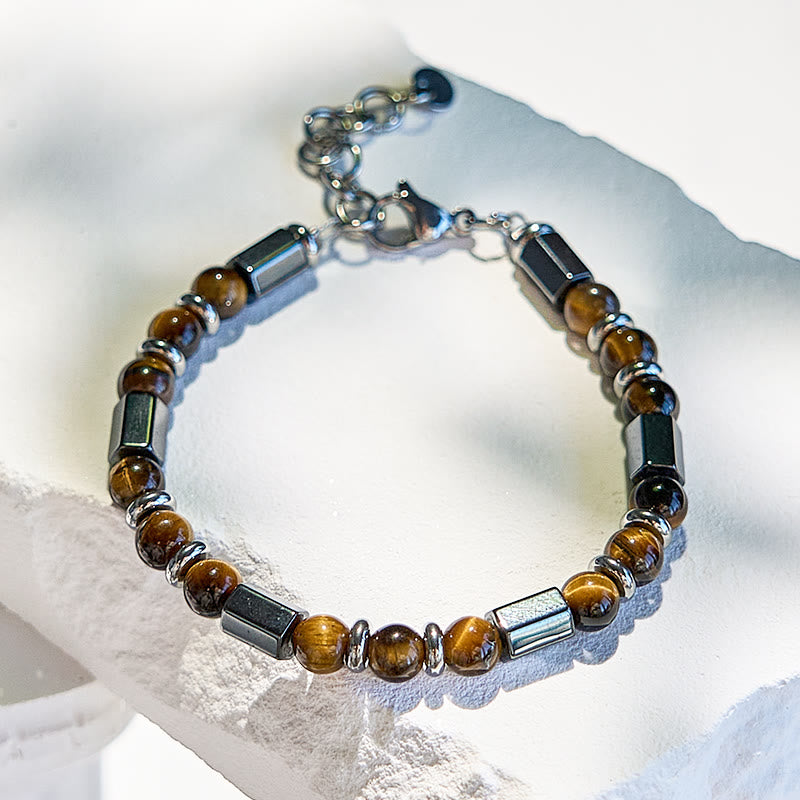 Bracelet en perles d'oeil de tigre en hématite à 6 cylindres Olivenorma