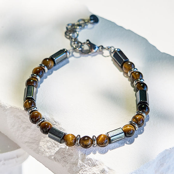 Bracelet en perles d'oeil de tigre en hématite à 6 cylindres Olivenorma
