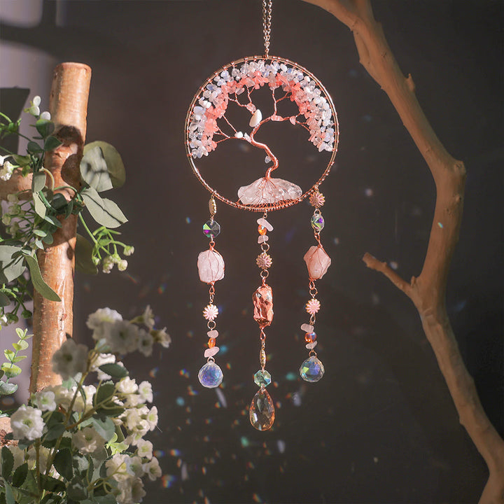 Carillon éolien en quartz fraise et opalite avec arbre de vie Olivenorma