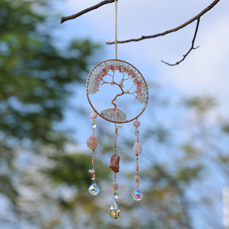 Carillon éolien en quartz fraise et opalite avec arbre de vie Olivenorma