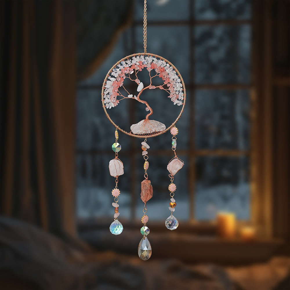 Carillon éolien en quartz fraise et opalite avec arbre de vie Olivenorma
