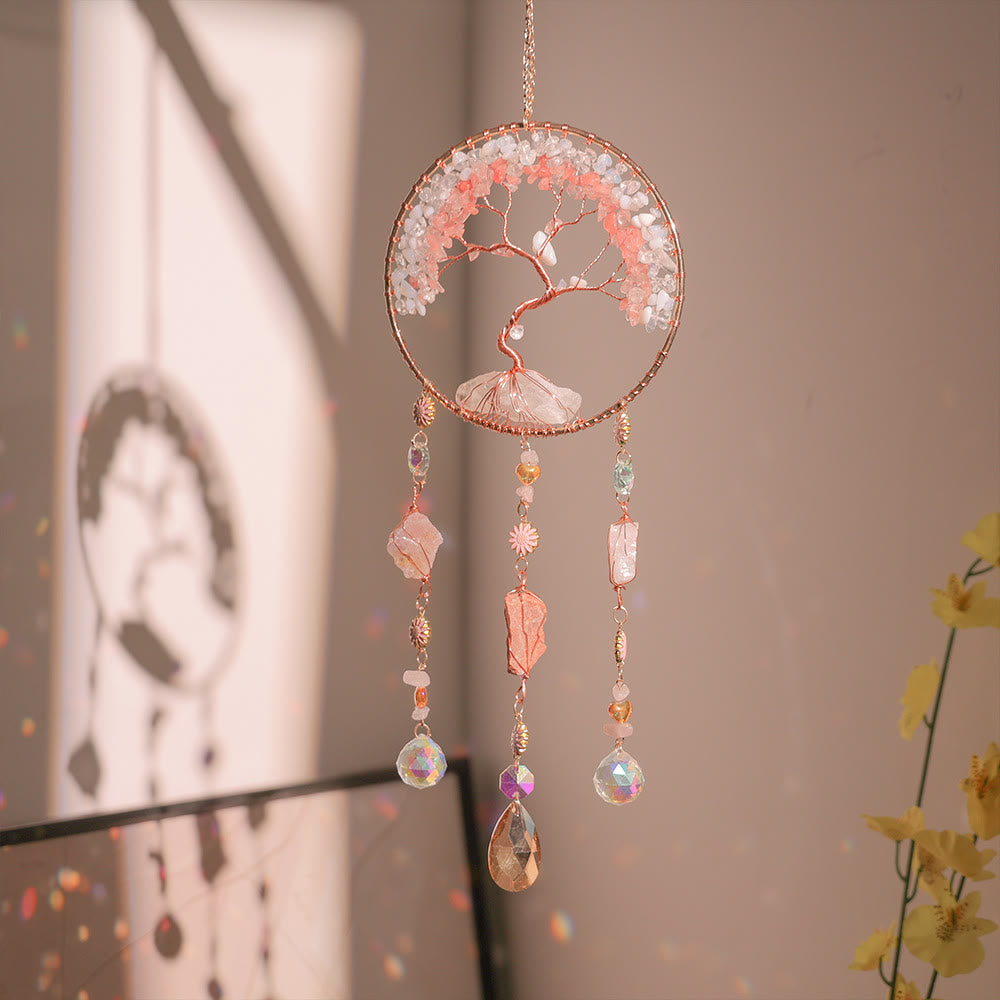 Carillon éolien en quartz fraise et opalite avec arbre de vie Olivenorma