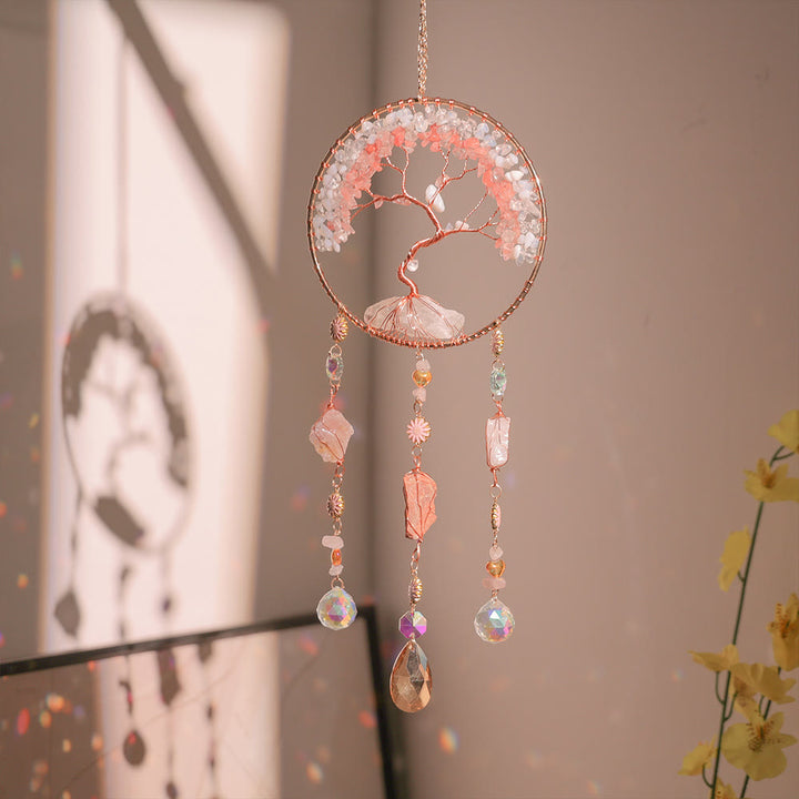 Carillon éolien en quartz fraise et opalite avec arbre de vie Olivenorma