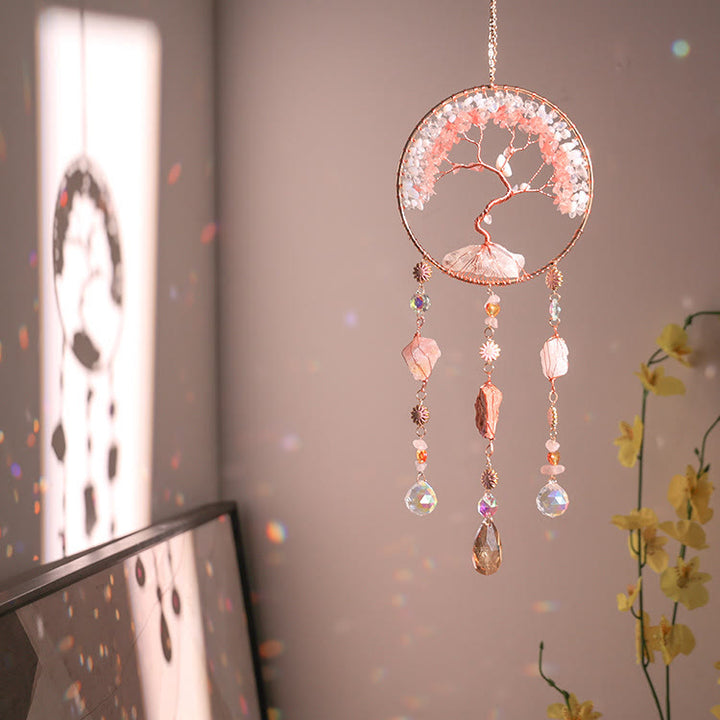 Carillon éolien en quartz fraise et opalite avec arbre de vie Olivenorma