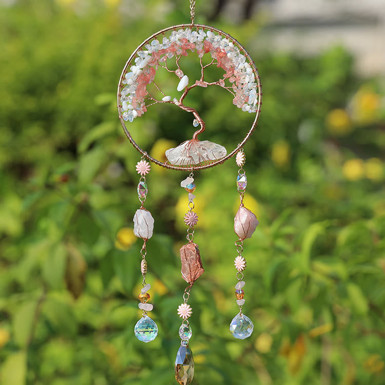 Carillon éolien en quartz fraise et opalite avec arbre de vie Olivenorma