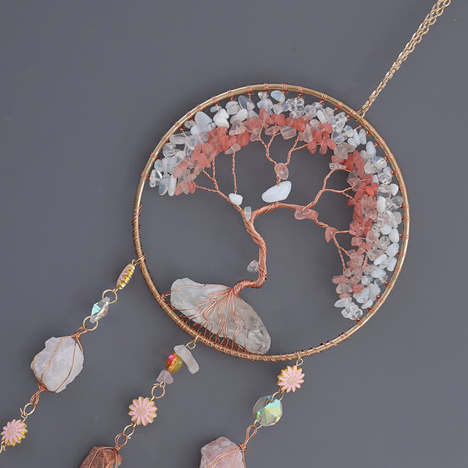 Carillon éolien en quartz fraise et opalite avec arbre de vie Olivenorma