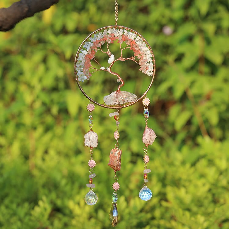 Carillon éolien en quartz fraise et opalite avec arbre de vie Olivenorma