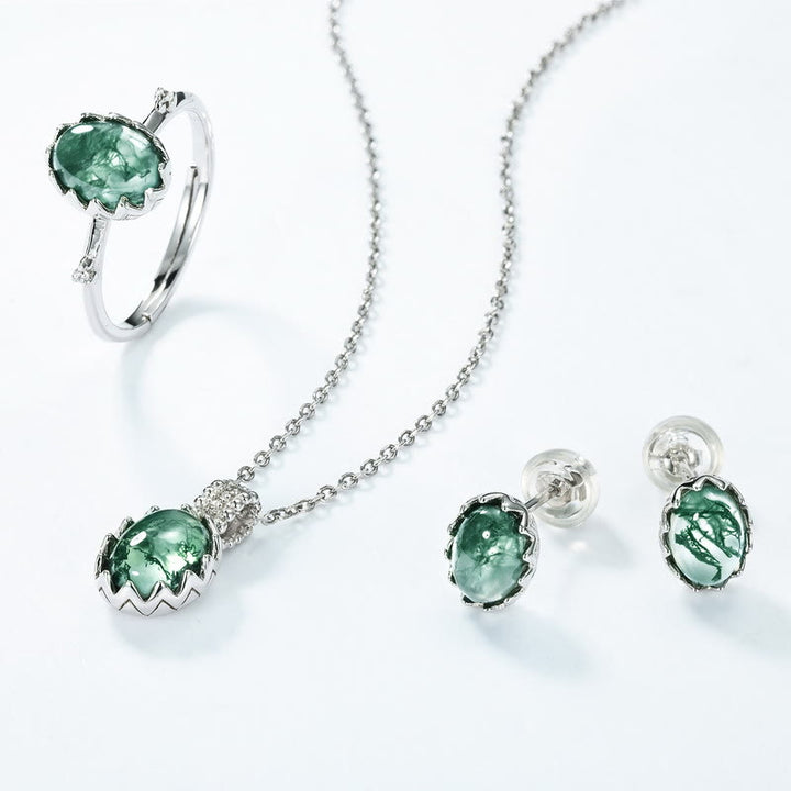 Ensemble de bijoux avec pendentif en agate mousse naturelle à coupe ronde Olivenorma