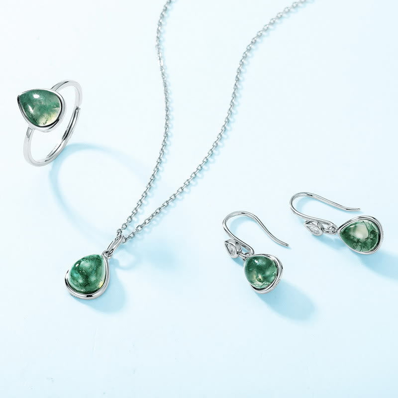 Ensemble de bijoux avec pendentif en agate mousse naturelle taille poire Olivenorma