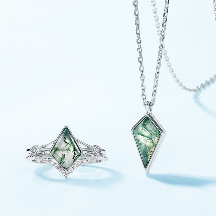 Ensemble de bijoux en agate mousse naturelle taillée en cerf-volant Olivenorma