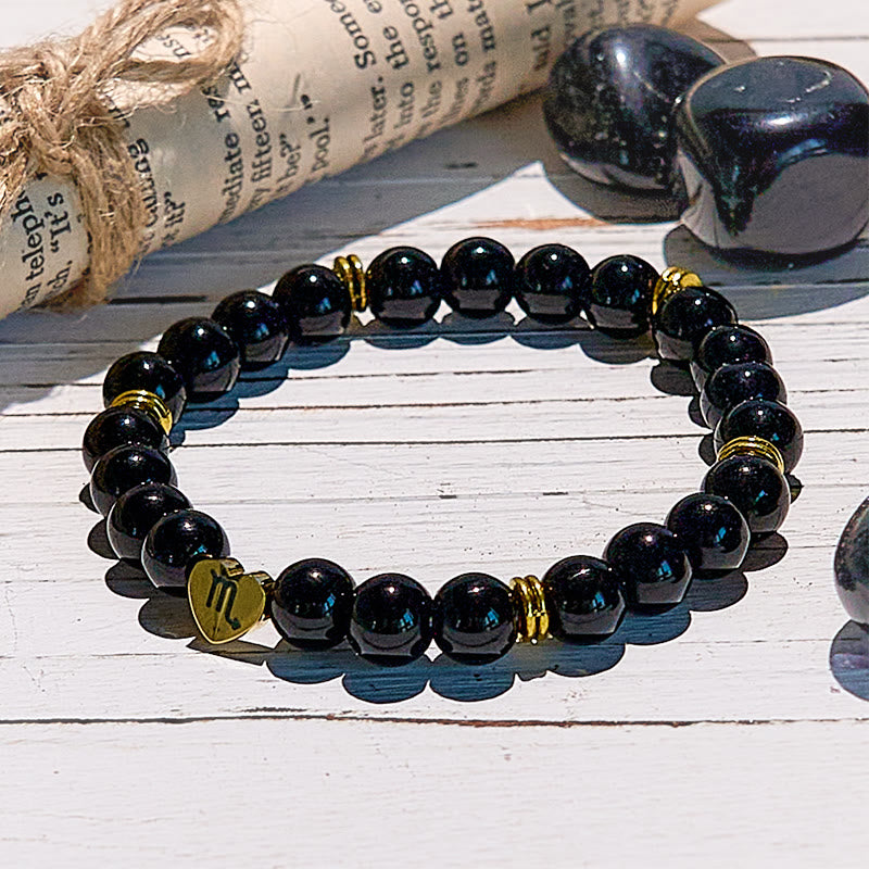 Bracelet de perles en obsidienne naturelle avec signe du zodiaque Olivenorma