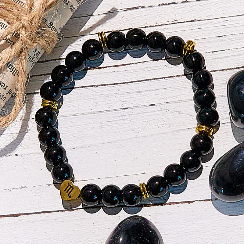 Bracelet de perles en obsidienne naturelle avec signe du zodiaque Olivenorma