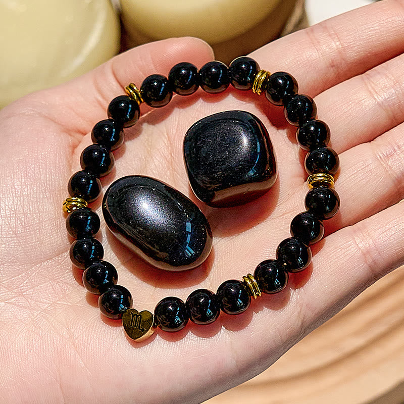 Bracelet de perles en obsidienne naturelle avec signe du zodiaque Olivenorma