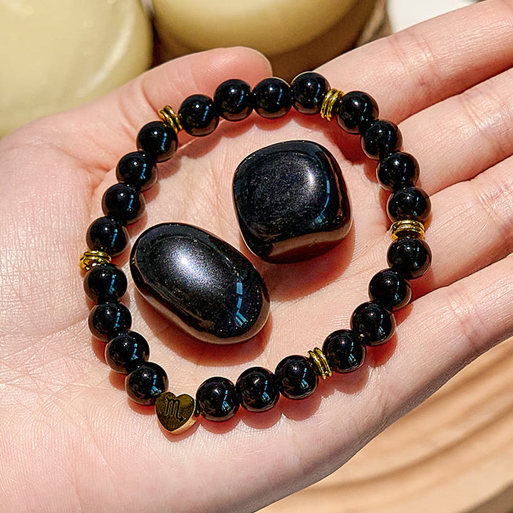Bracelet de perles en obsidienne naturelle avec signe du zodiaque Olivenorma