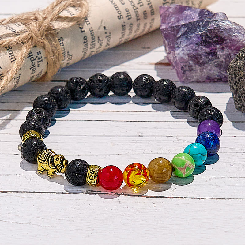Bracelet de perles avec pendentif éléphant chakra en pierre de lave Olivenorma