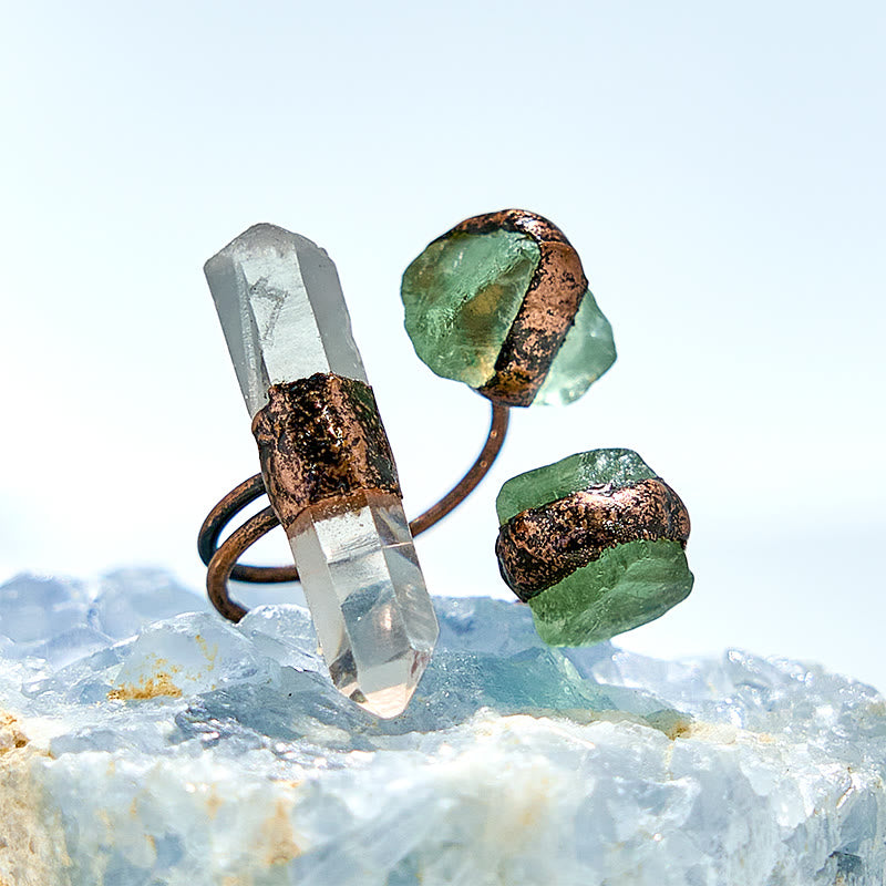 Bague ajustable en quartz transparent et fluorite verte Olivenorma