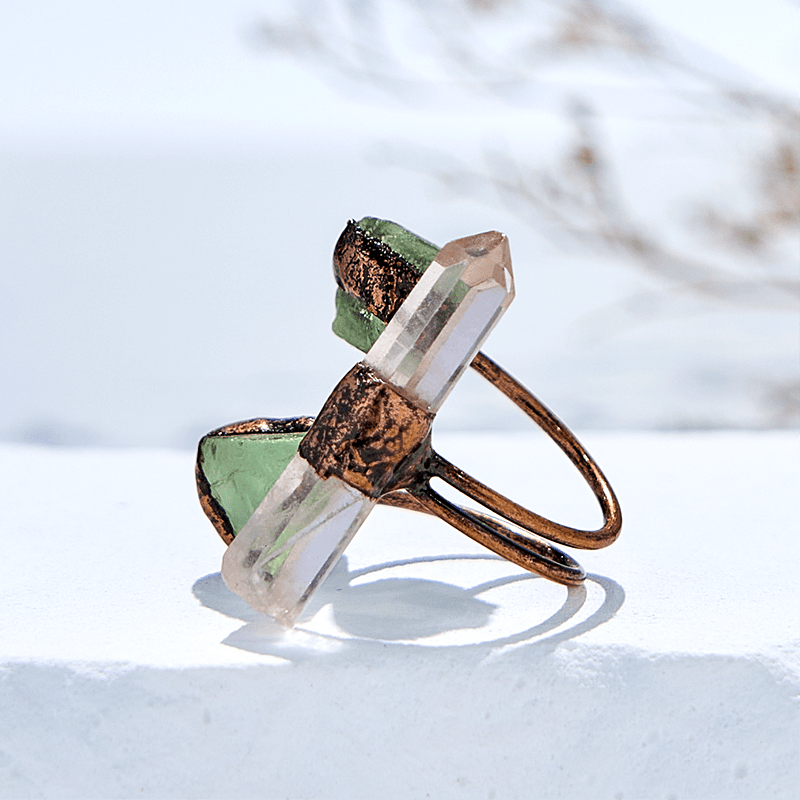 Bague ajustable en quartz transparent et fluorite verte Olivenorma