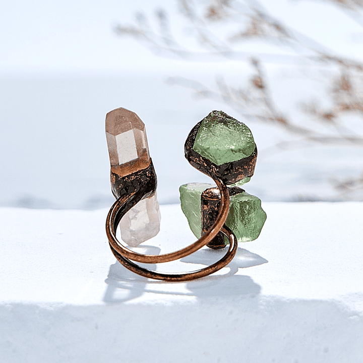 Bague ajustable en quartz transparent et fluorite verte Olivenorma