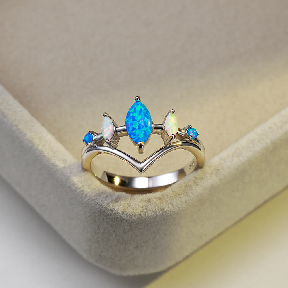 Bague couronne en opale bleue et blanche naturelle Olivenorma