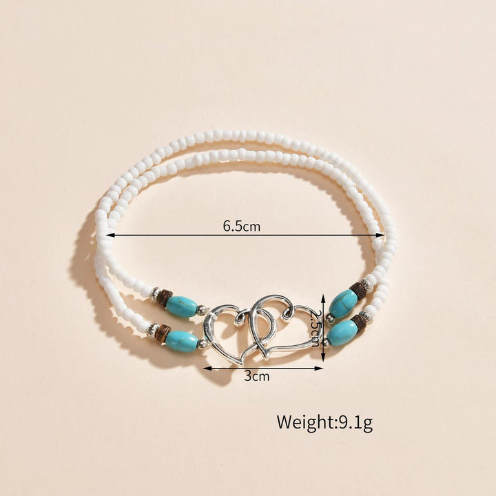 Bracelet de cheville Olivenorma en métal avec perles de riz turquoise à double cœur