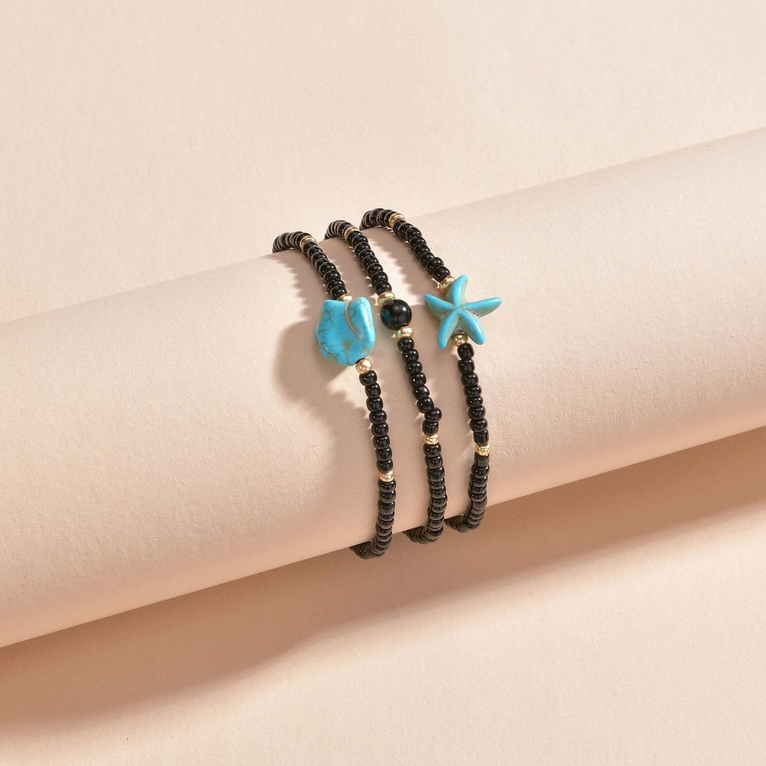 Bracelet de cheville Olivenorma en perles d'étoile de mer turquoise et onyx noir 3 pièces