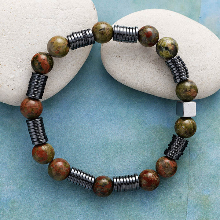 Bracelet Olivenorma en perles d'agalmatolite, d'hématite et d'unakite de 8 mm