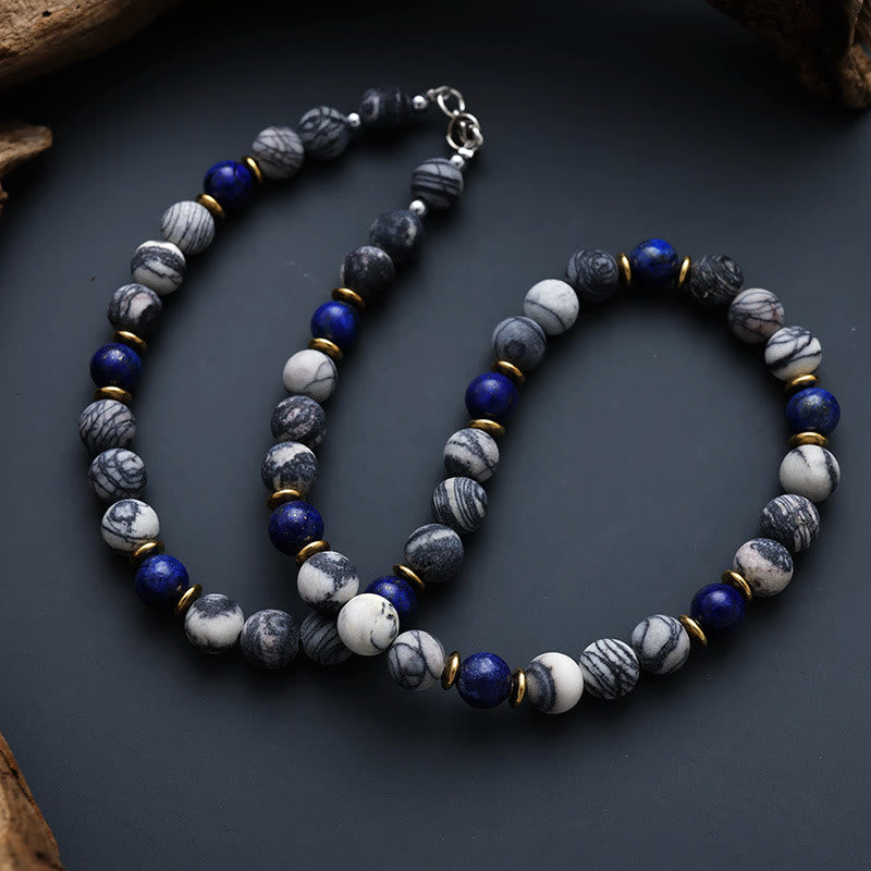 Collier de perles en soie noire et lapis-lazuli Olivenorma