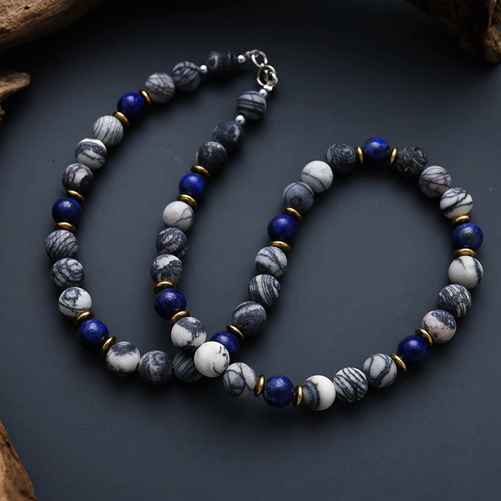 Collier de perles en soie noire et lapis-lazuli Olivenorma