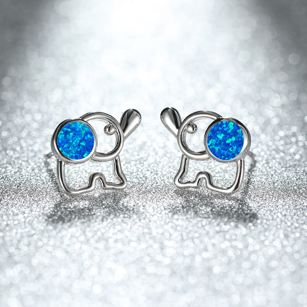 Boucles d'oreilles à tige en forme d'éléphant mignon avec opale bleu et blanc Olivenorma
