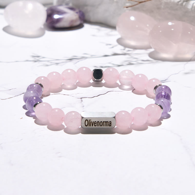 Bracelet gravé en perles d'améthyste et de quartz rose Olivenorma