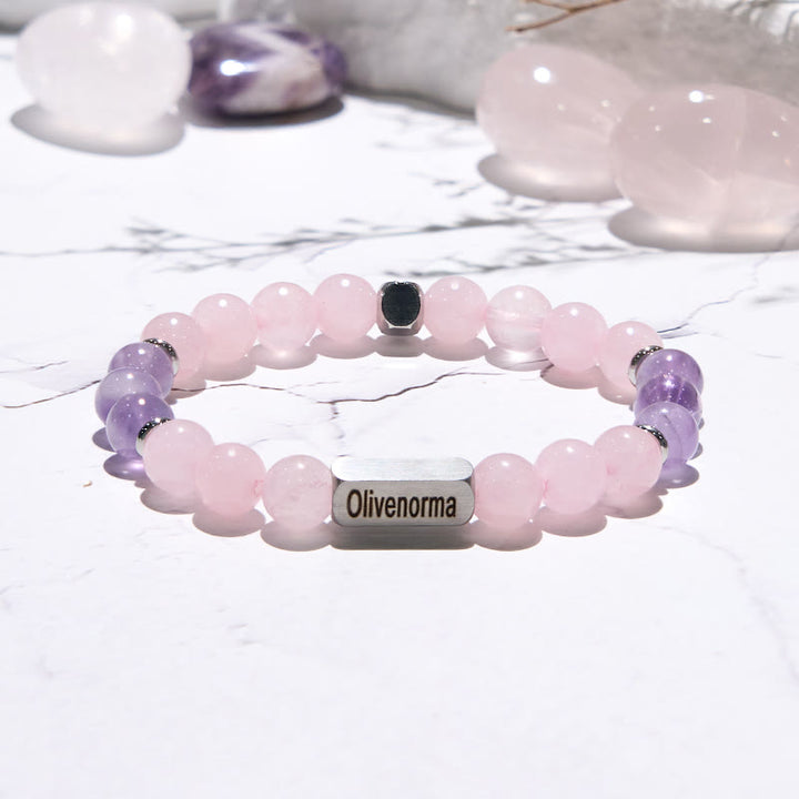Bracelet gravé en perles d'améthyste et de quartz rose Olivenorma