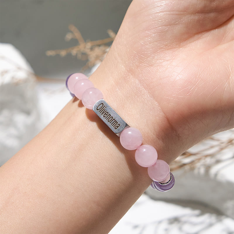 Bracelet gravé en perles d'améthyste et de quartz rose Olivenorma