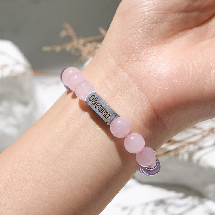 Bracelet gravé en perles d'améthyste et de quartz rose Olivenorma