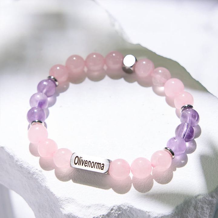 Bracelet gravé en perles d'améthyste et de quartz rose Olivenorma