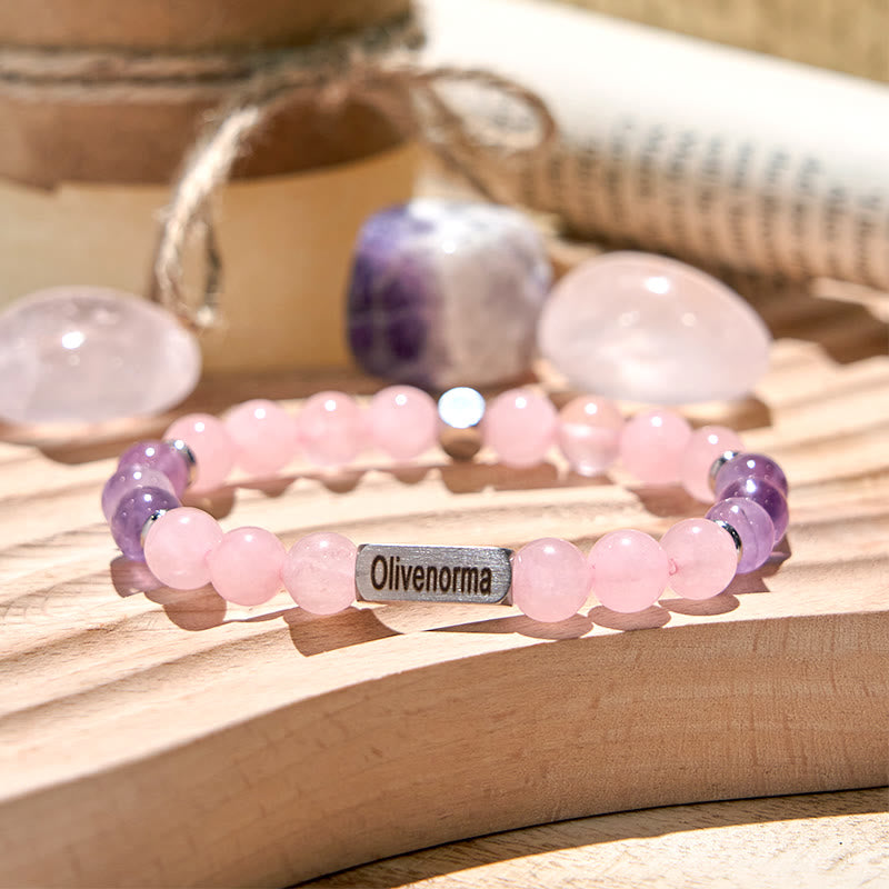 Bracelet gravé en perles d'améthyste et de quartz rose Olivenorma