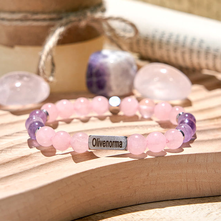 Bracelet gravé en perles d'améthyste et de quartz rose Olivenorma