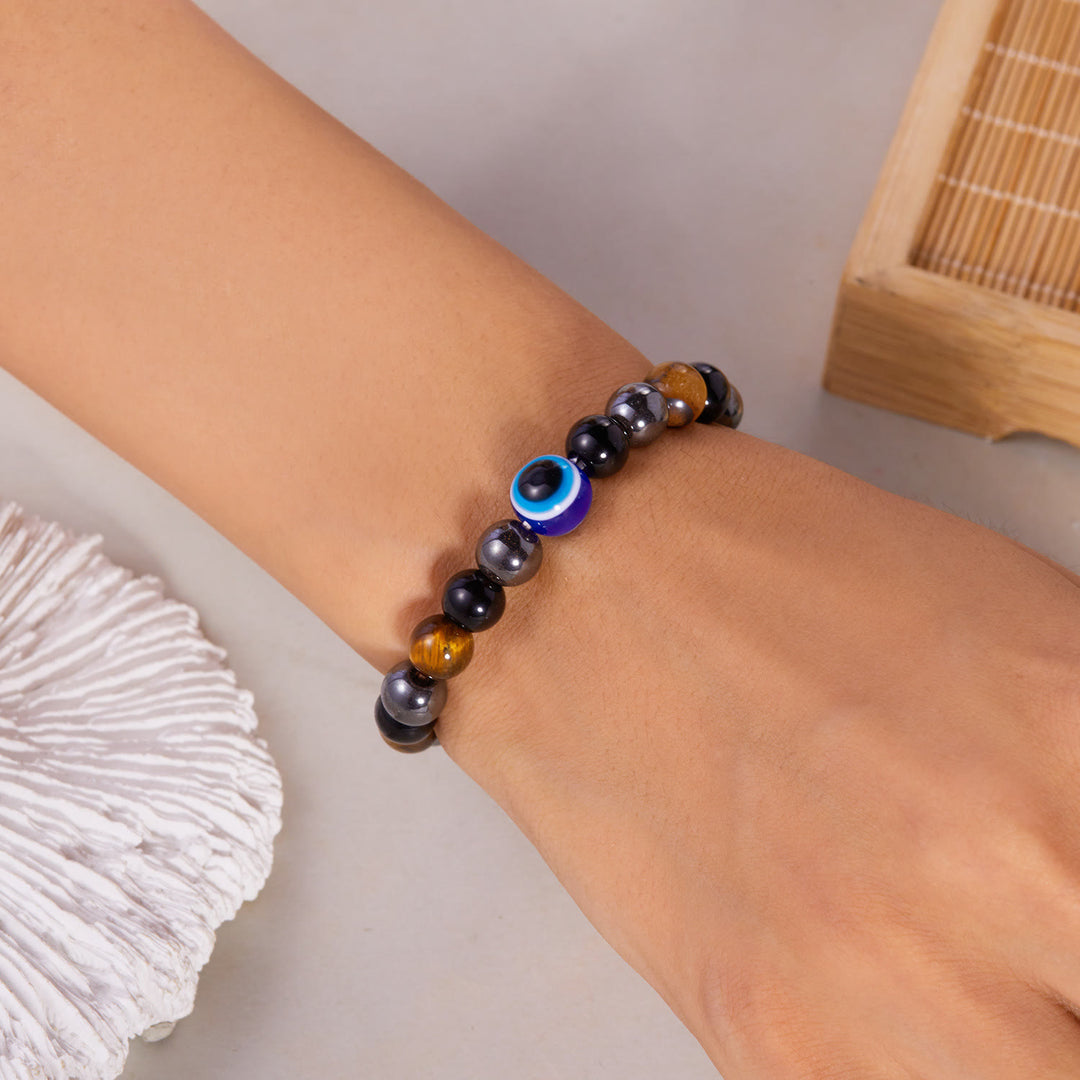 Bracelet en perles d'hématite et d'obsidienne avec œil de tigre et mauvais œil Olivenorma