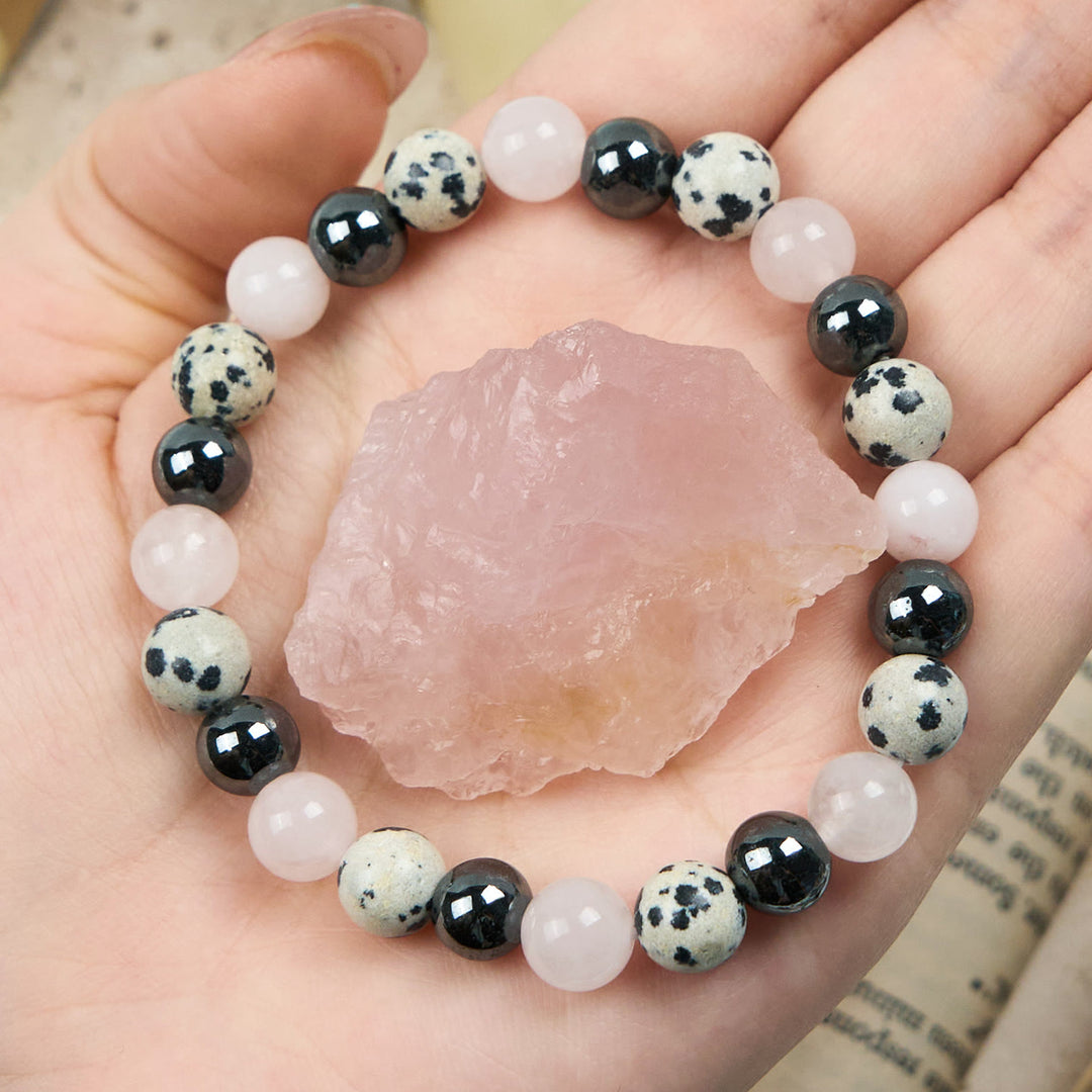Bracelet en perles de quartz rose, jaspe dalmatien et hématite Olivenorma