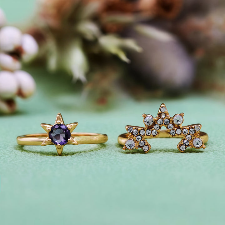 Olivenorma Lot de 2 bagues étoiles en améthyste et zircon blanc