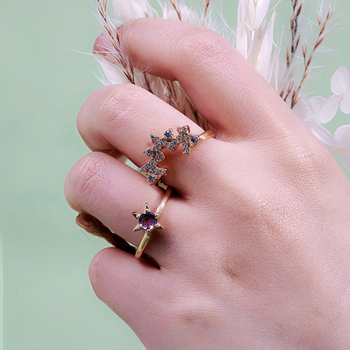Olivenorma Lot de 2 bagues étoiles en améthyste et zircon blanc