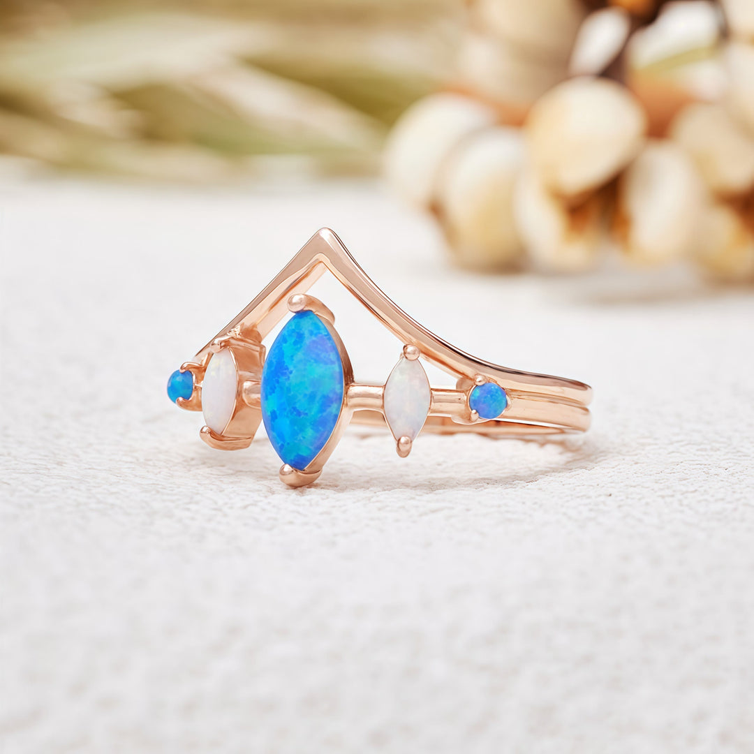 Bague couronne en opale bleue et blanche naturelle Olivenorma