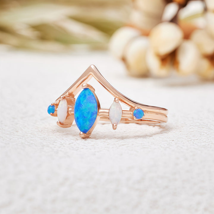 Bague couronne en opale bleue et blanche naturelle Olivenorma